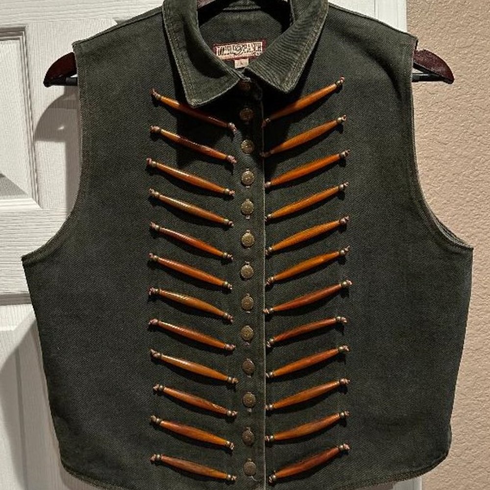 Women's Double D Ranch Wear Western Olive Green Distressed Denim Vest Size Large